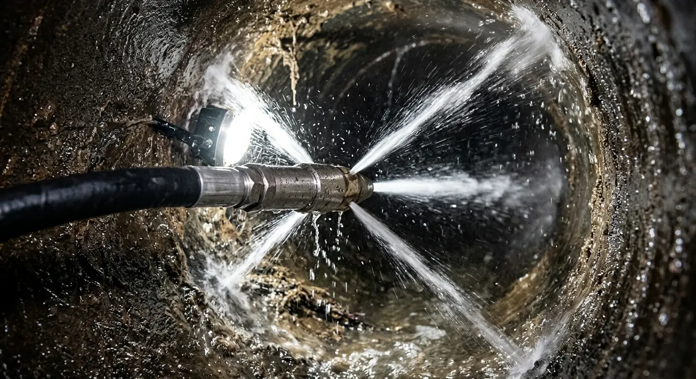 High-pressure hydro jetting nozzle cleaning sewer pipe for Emergency Drain Service in Pittsburgh