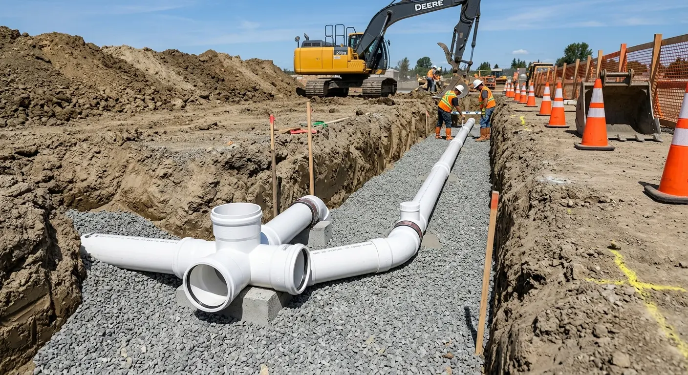 New PVC sewer pipe installation in open trench for Commercial Drain Cleaning in Pittsburgh