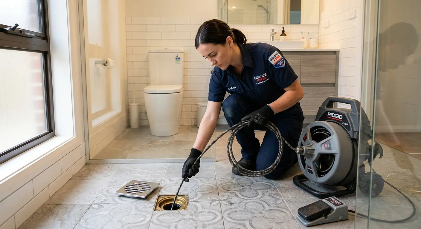 Technician clearing a bathroom floor drain for Clogged Drain Repair in Pittsburgh